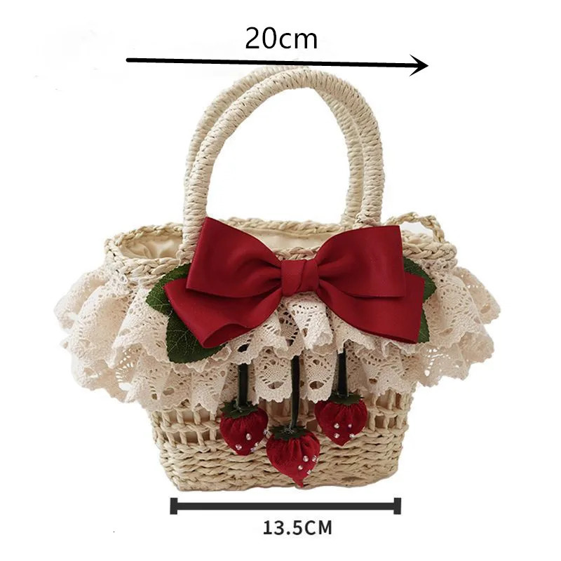 INS Style Children Girls Handbags Summer Beach Bag With Cute Strawberry Bowknot Handmade Woven Bags Kids Small Basket 250615