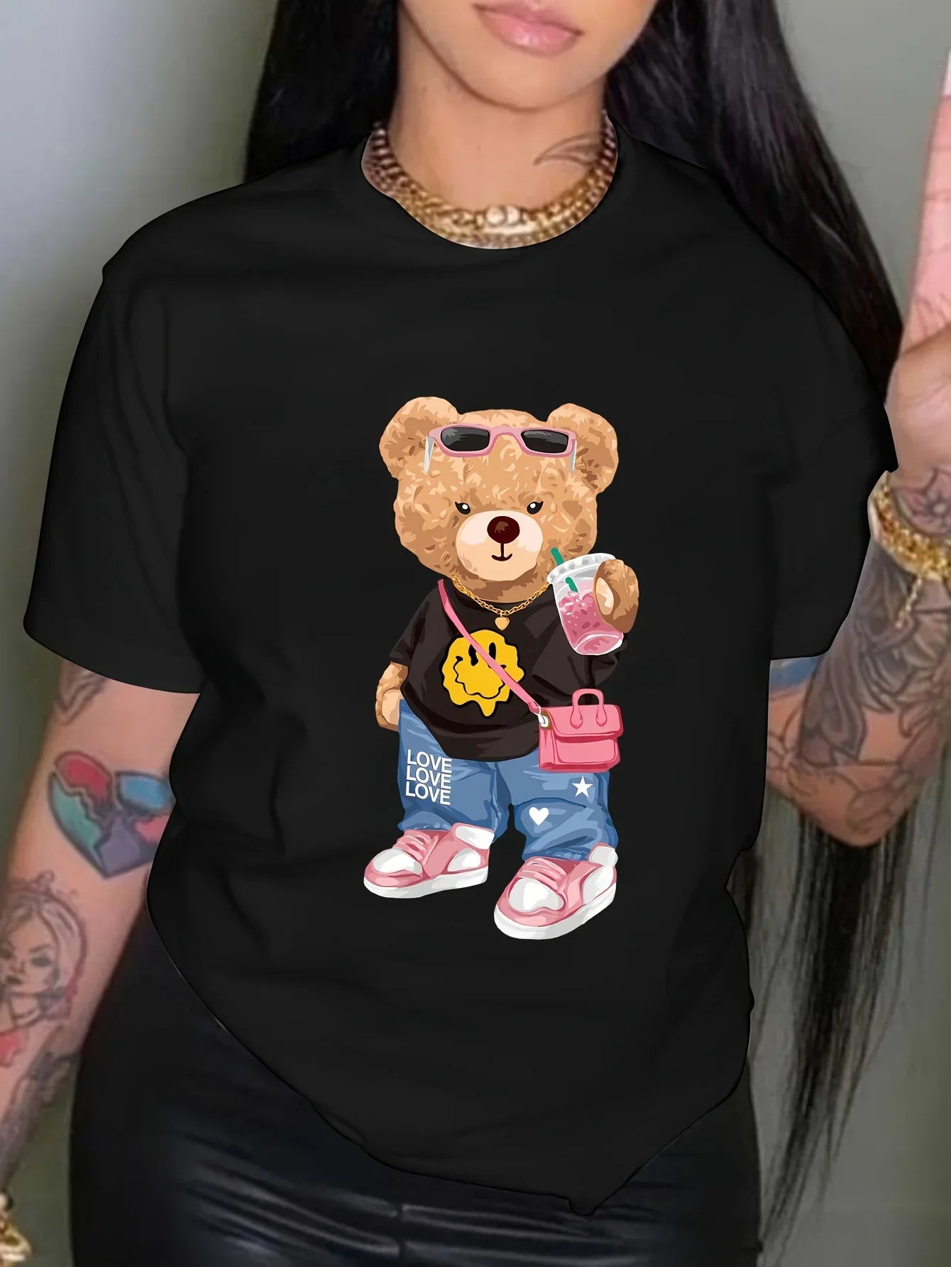 Cool Little Bear Print T-shirt Short Sleeve Crew Neck Casual Top for Summer Spring Women's Clothing 2025 New