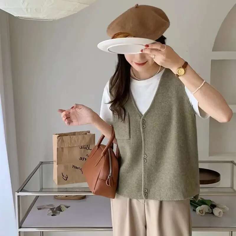 Apricot V-neck Womens Sweater Winter Button Grey Knit Tops for Woman Vest Jersey Economics Tall Streetwear Korean Fashion 2024