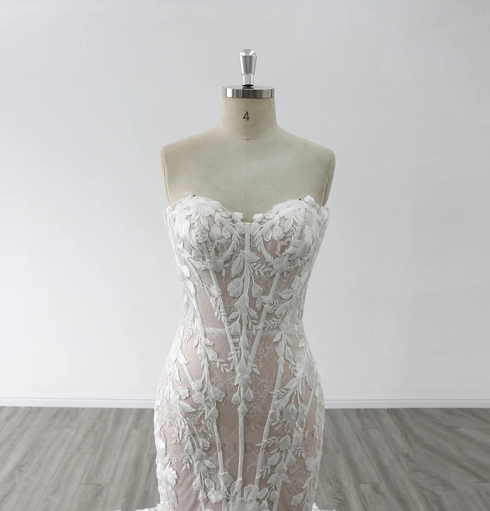 Exquisite Sweetheart Neck Long Chapel Train Lace Bride Dress Mermaid Sheath Wedding Dresses Zipper Back Sleeveless Custom Made Color/Size