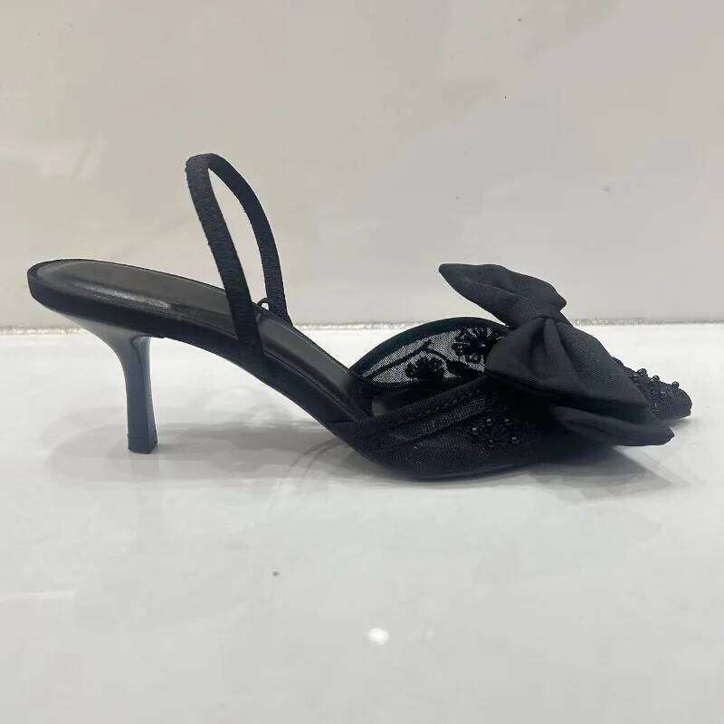 2025 Bowknot Women Pointed Sandals Black Mesh Designer Elegant Formal Footwear Charm Embroider High Heels Ladies Shoes