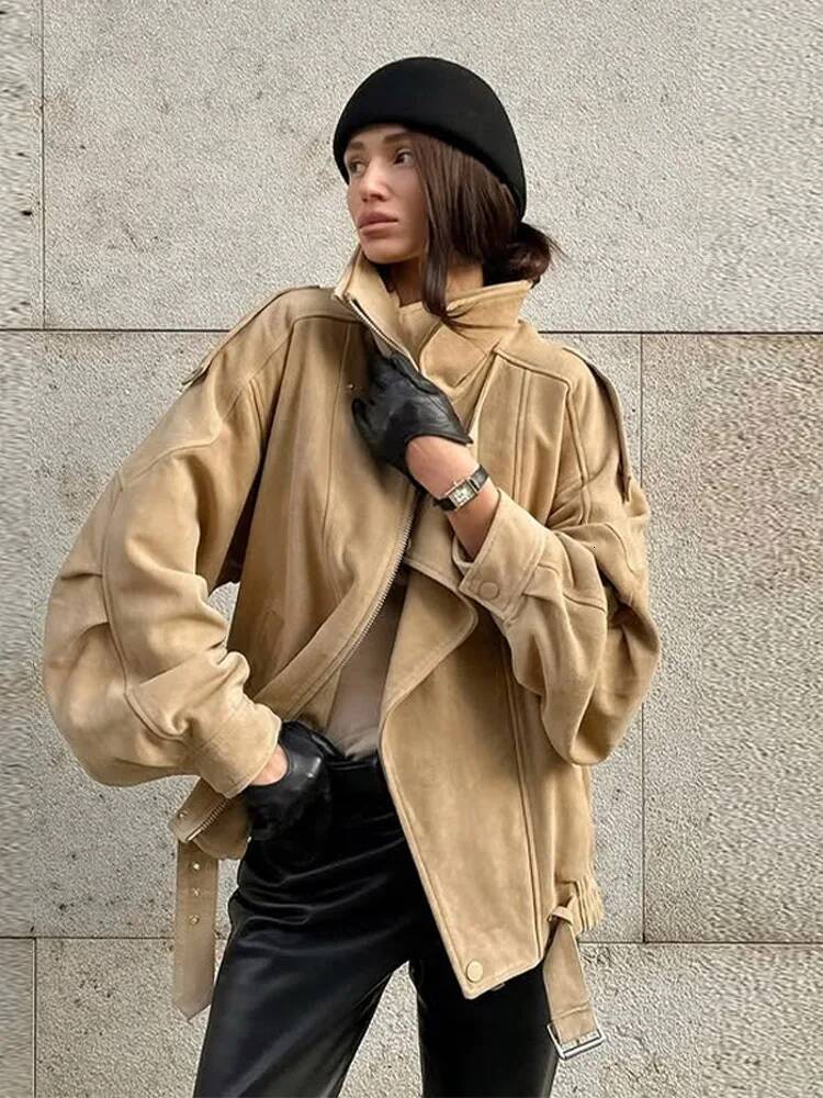 Oversize Suede Lace Up Jacket Women Vintage Turn-Down Collar Long Sleeve Zipper Cropped Coats New Fashion Elegant Lady Outerwear