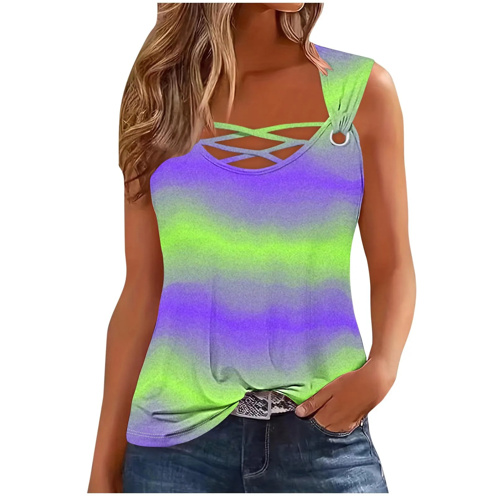 Summer Sleeveless Gradient T-shirt Casual Tshirt Women Tops Fashion Print Sexy Hollow Out T Shirt For Women Tank Top Femme 250614
