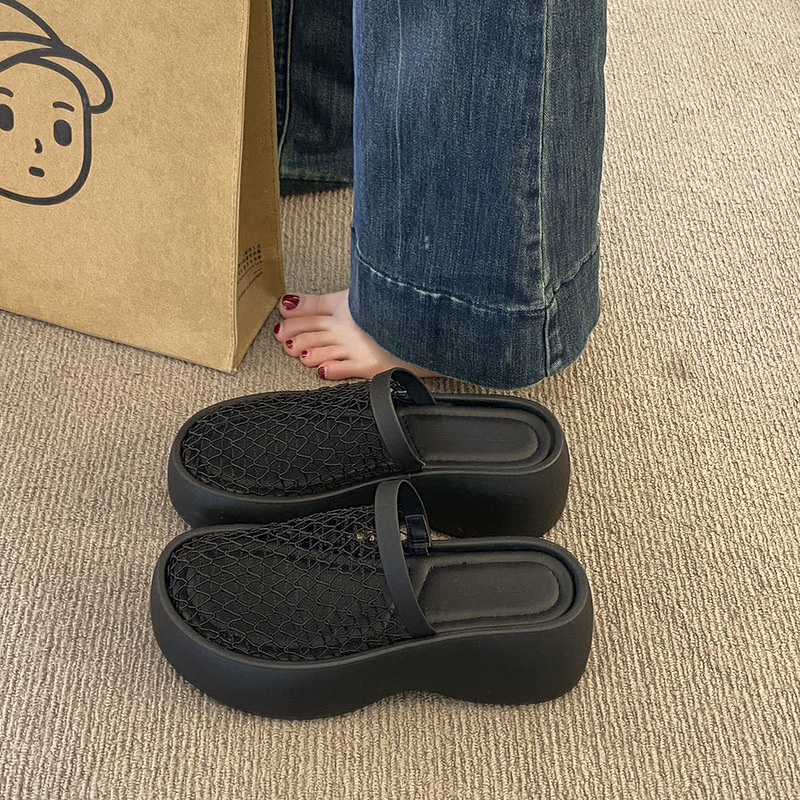 Ddmysports Wedge High Heel Fishnet Hollow Out Closed Toe Mules Women S Shoes Outdoor Summer Internet Celebrity Thick Sole Sandals Outdoor Shoes