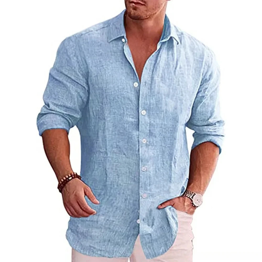 Cotton Linen Autumn Selling Mens Long Sleeve Shirt Solid Color Casual Style Plus Size 250613Z
