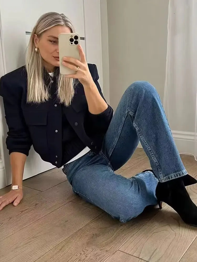 TRZA Women Fashion With Pockets Bomber Jacket Coats Vintage Long Sleeve Front Button Casual Female Outerwear Chic Tops 250614