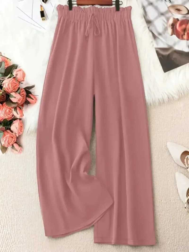 Women Plus Size 1XL-5XL Fashion Solid Color Wide Leg Pants Fe Casual Ele Drstring High Waisted Loose Long Trousers XJ250616
