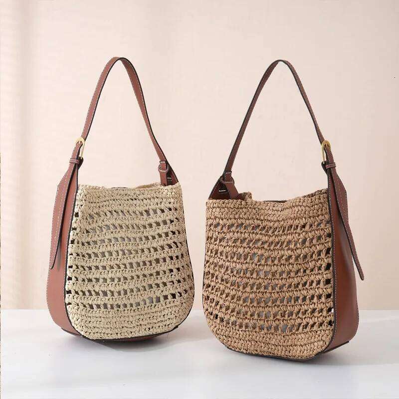 Hollow Design Woven Women's Beach Bucket Bag Shoulder Purse Handwoven Summer Large Capacity Underarm Handbag