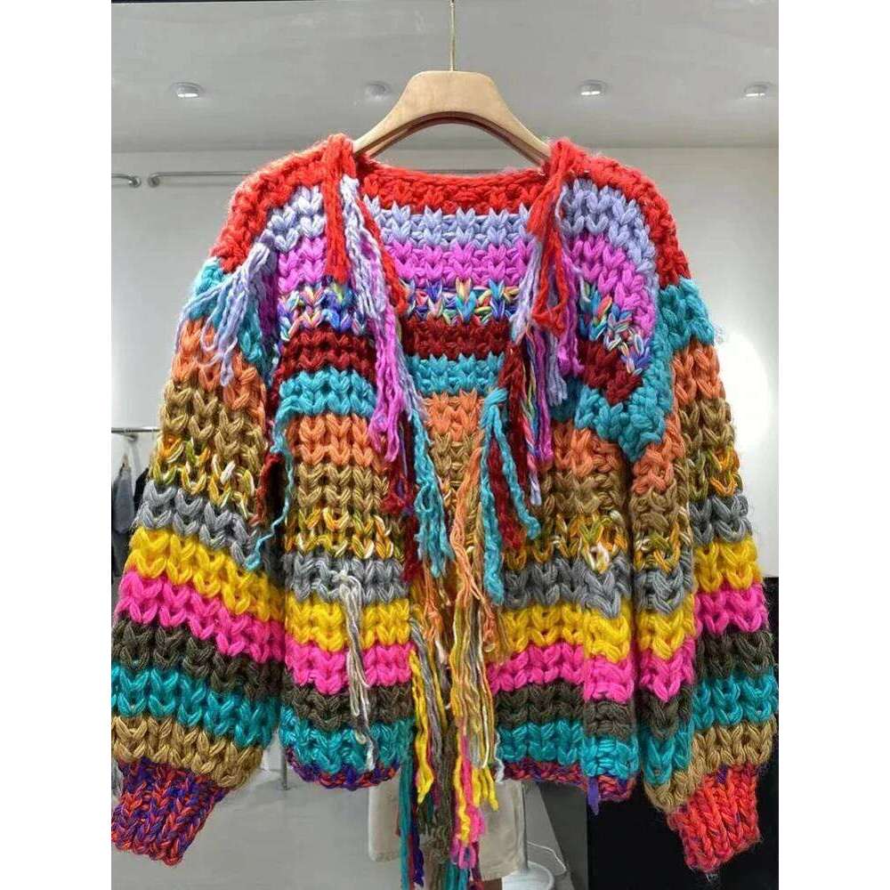2025 Rainbow Color Tassel Front Chunky Knit Cardigan Winter Women Handmade Sweater Niche Design Knitwear Outfit
