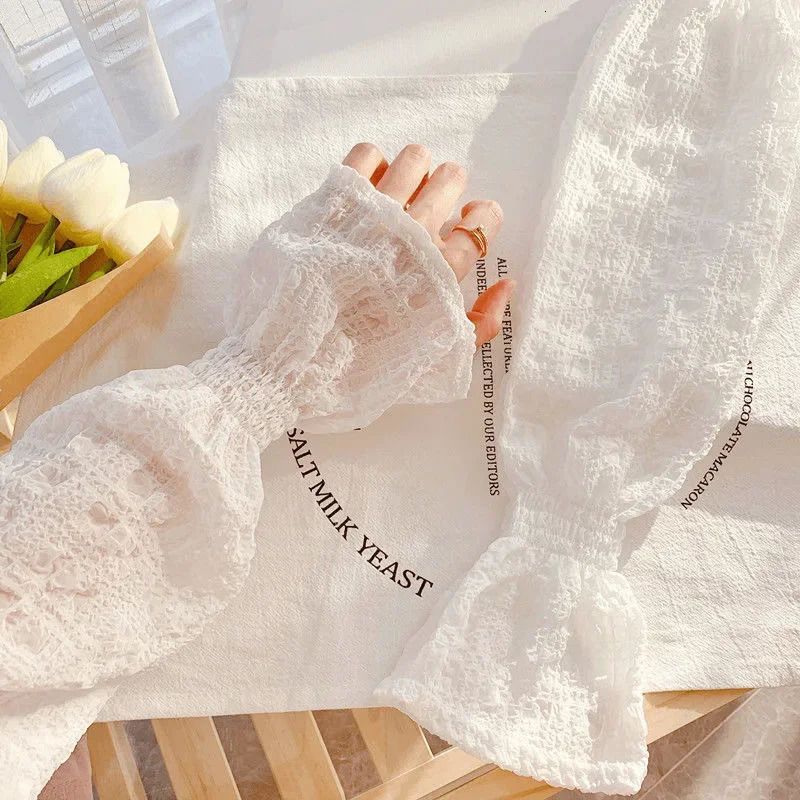 Summer Outdoor Sunscreen Cute Girl Korean Edition Loose Lace Sleeves Solid Color Sleeves UV resistant Ice Silk Sleeves 250610