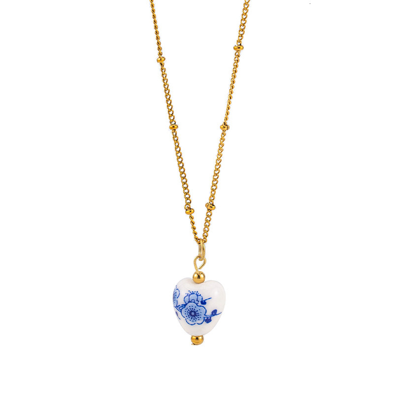 New Fashion Personality Light Blue White Porcelain Necklace and Earrings for Women, Titanium Steel Ceramic Design Jewelry Set