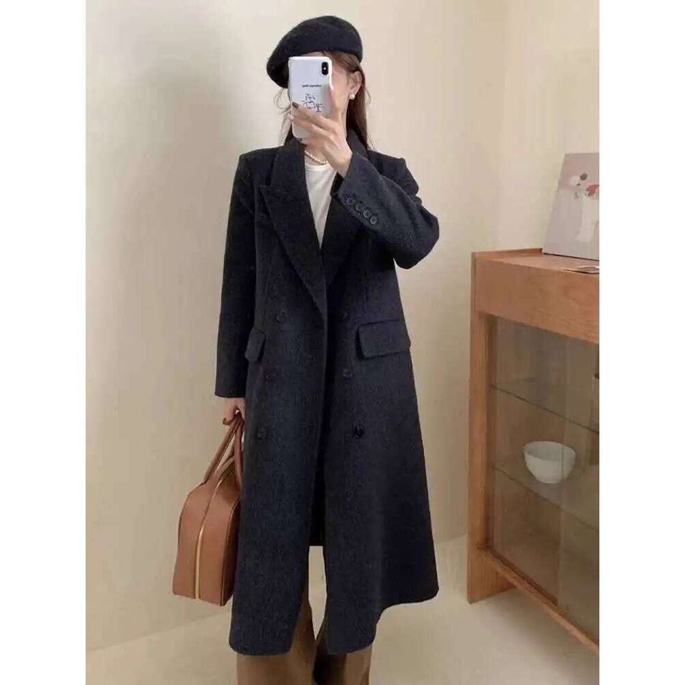 LANMREM Korean Style Wool Coat Notched Collar Double Breasted Long Sleeves Office Lady Overcoat 2025 Spring Winter 2Db1226