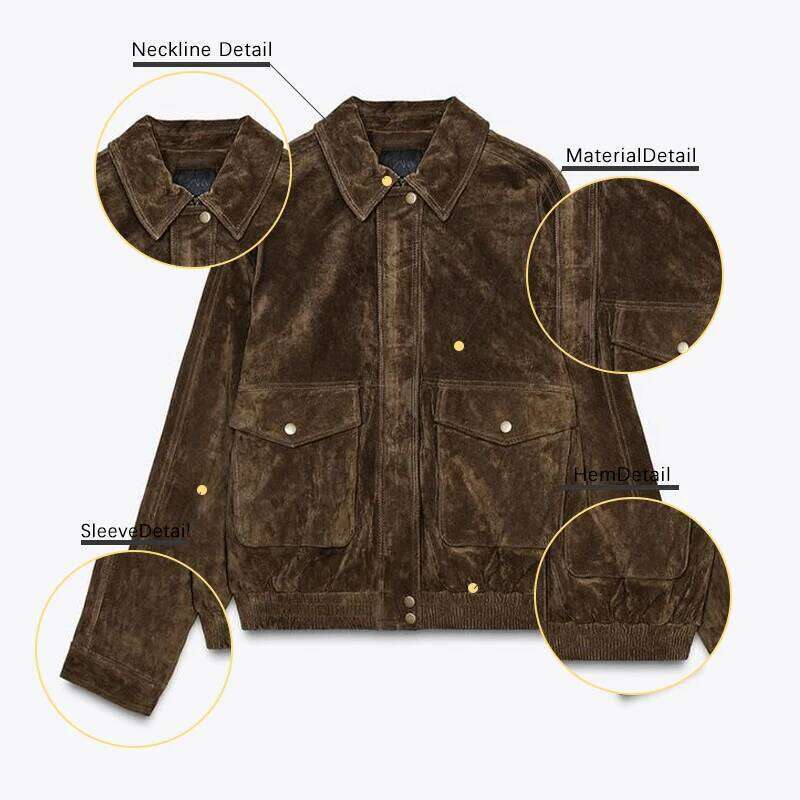 Autumn High Street Women's Coat Brown Big Pocket Long Sleeve Zipper Female Coats 2025 Fashion Turndown Collar Loose Lady Outwear