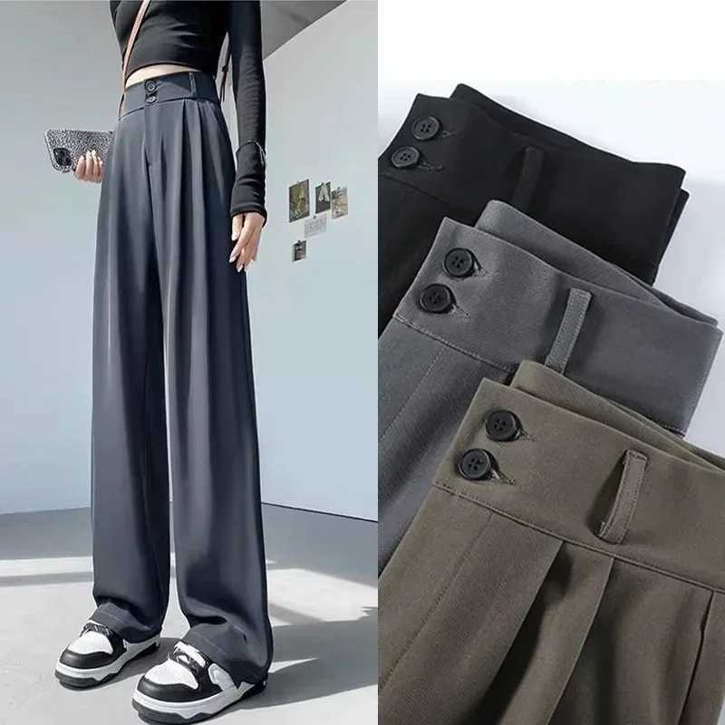 2024 Women Chic Designer Suit Pants Lady Wide Straight Leg Double Button Work Daily Trousers Lady Korean Style High Waist SlacksXJ250616