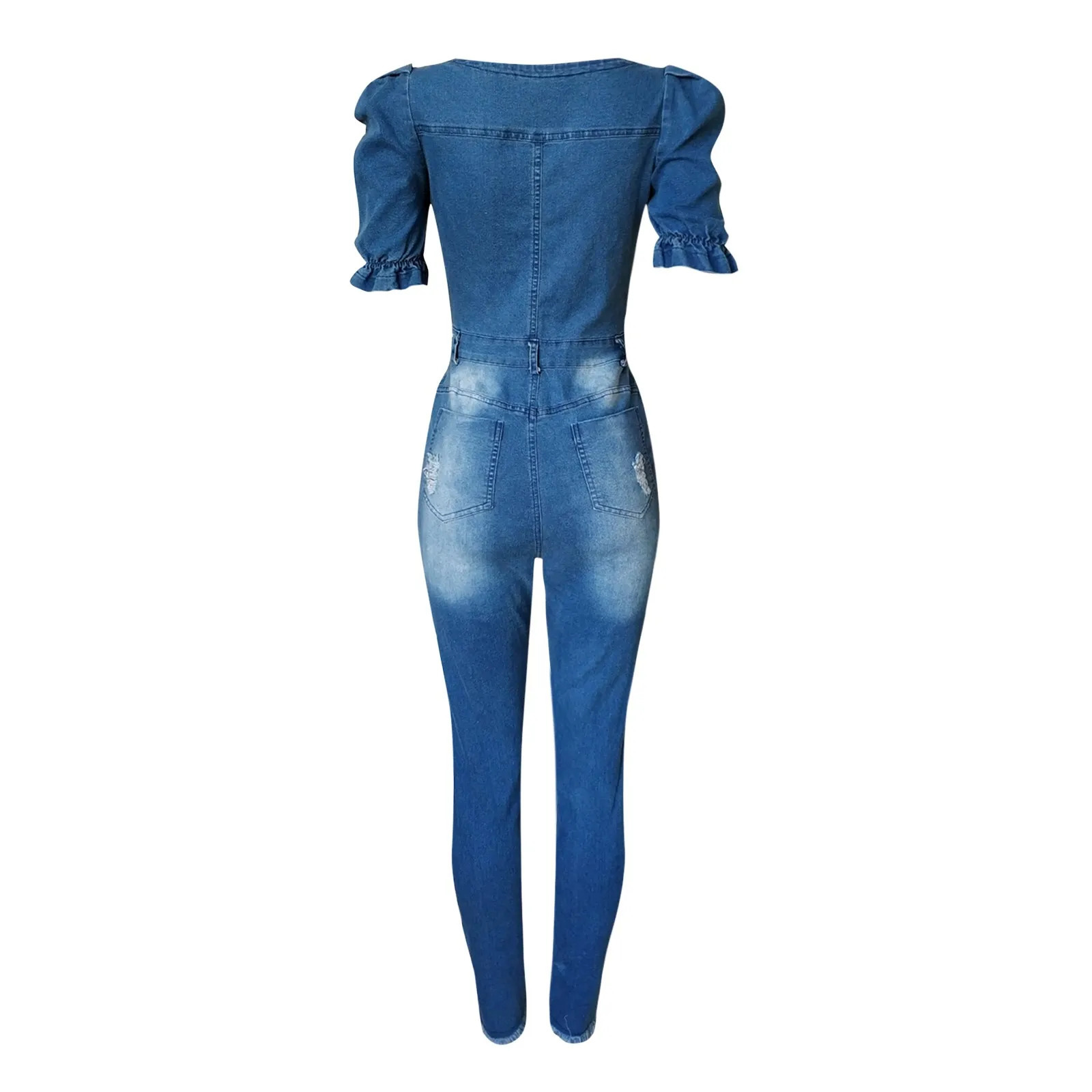 Ripped Hole Denim Overalls Women Jeans Jumpsuit Female Puff Sleeve Skinny Rompers Playsuits Streetwear Combinaison Femme 250612