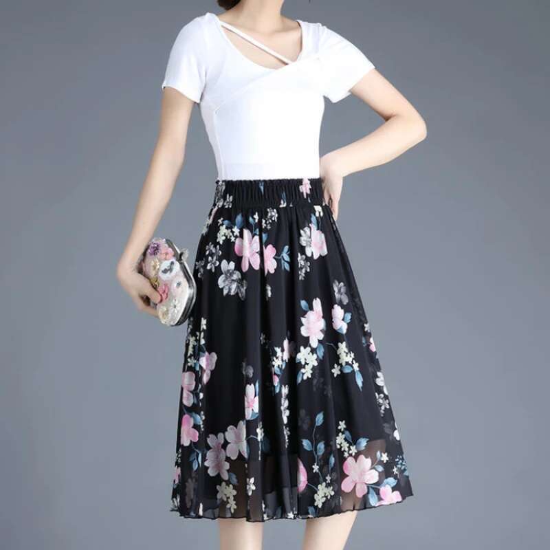 Skirts for Women Chiffon Woman Skirt Floral Midi Summer Casual New In Clothing Sales Modest Luxury Elegant High Quality V Cheap
