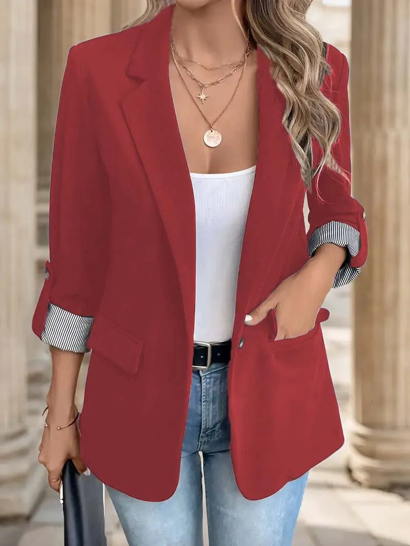 2025 fashionable casual button up suit slim fit seven quarter rolled sleeve suit jacket for women 250614