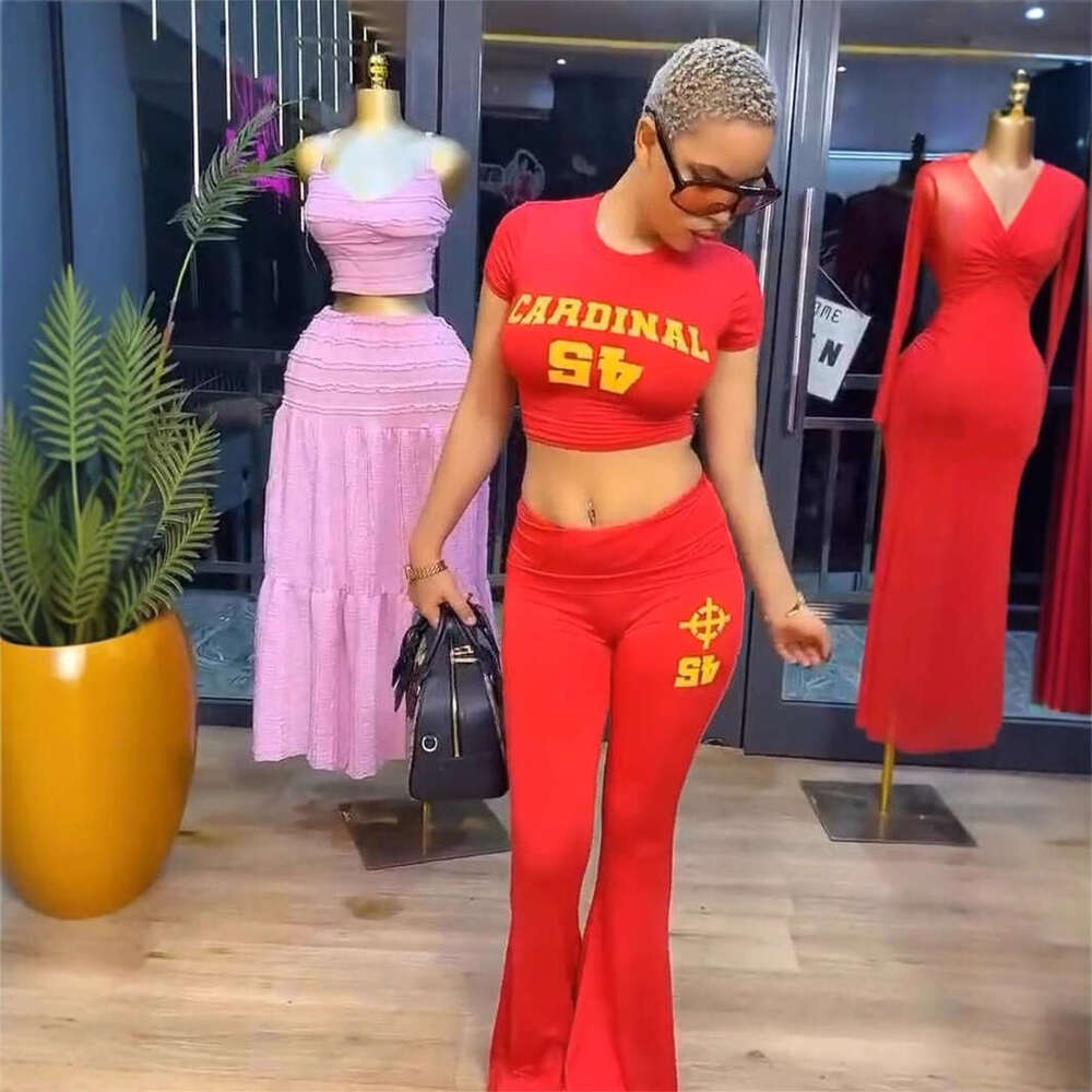 New Sports Style Fashion Printed Slim Fit Sexy Short Sleeve Top And Long Pants Set For Women B5