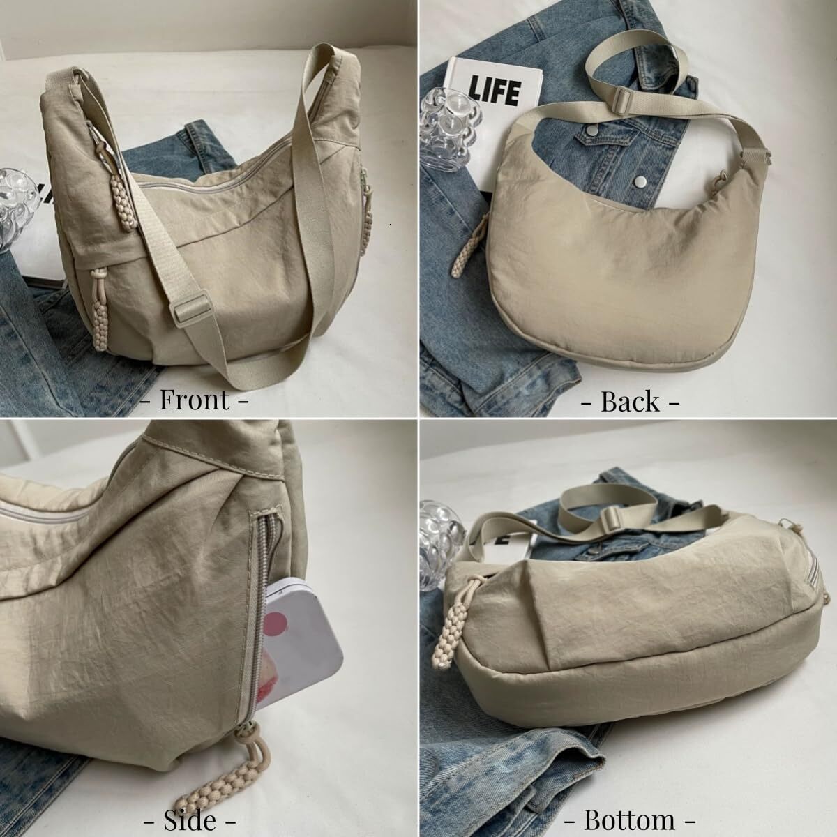 Nylon Crossbody Bags for Women, Trendy Medium Crescent Bag, Lightweight Woman Over Shoulder Purse with Zipper