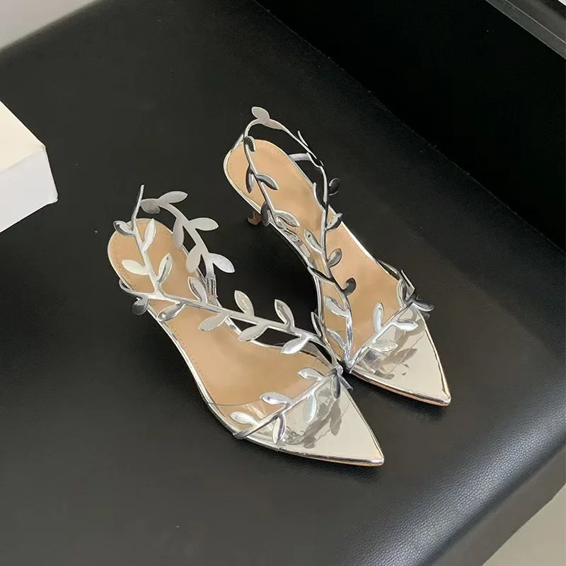 Golden Branch Jade Leaves High Heel Sandals Non-Slip Thin Heel Pointed Toe Gold Celebrity Style Transparent Rhinestone Chain 250610