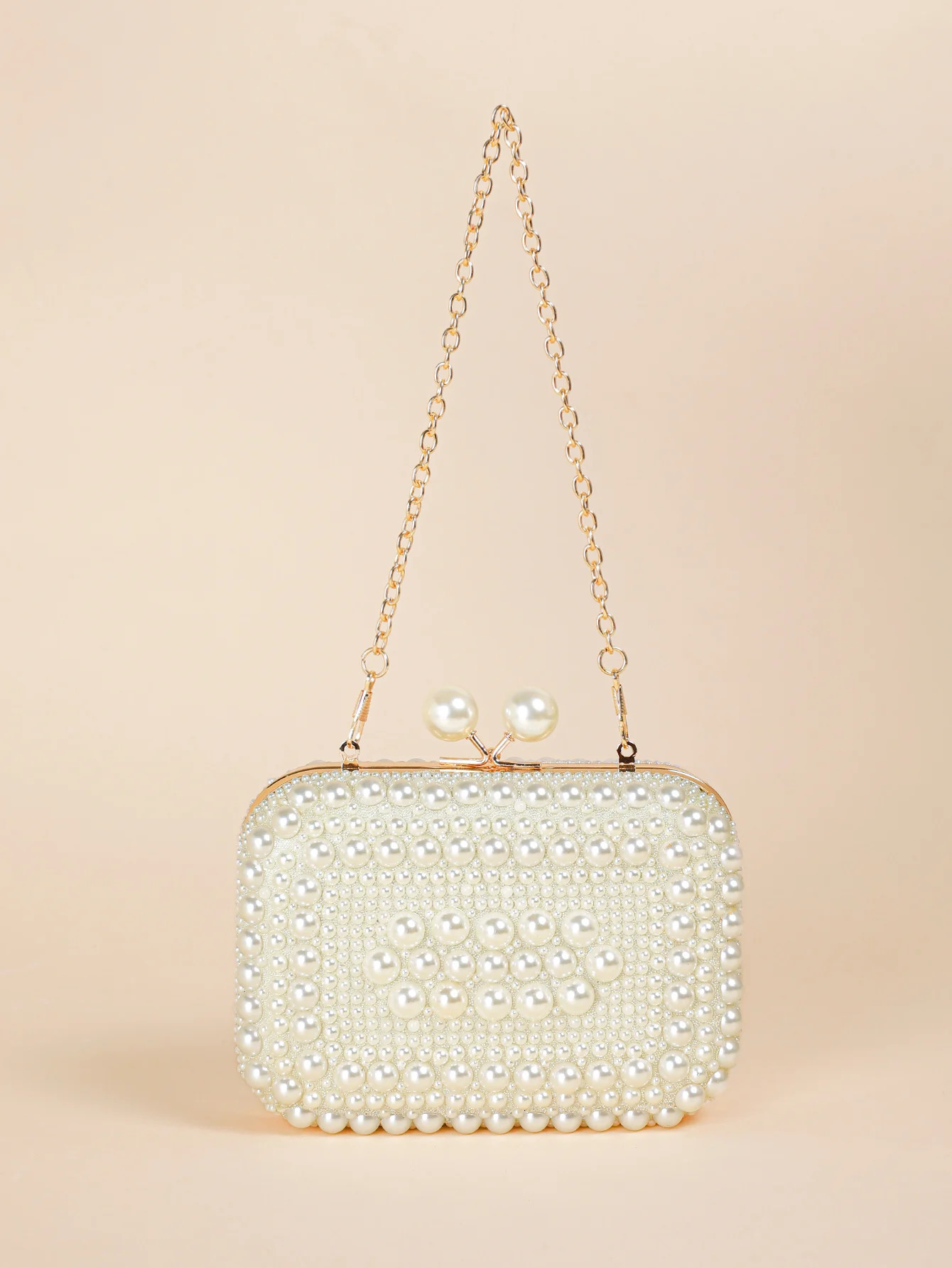 Glamorous Overall Pearl Beads Glossy Kiss Lock Metal Chain Clutch Box Elegant Textured Frame Wedding Purse Party Prom Dinner E 250614