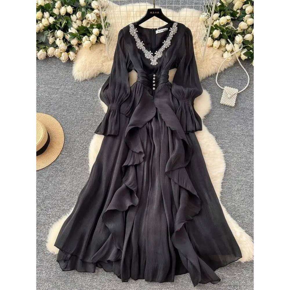 Elegant Dias Beading V Neck Evening Party Dress Women's Long Lantern Sleeve High Waist Gloss Ruffles Pleated Prom Vestidos
