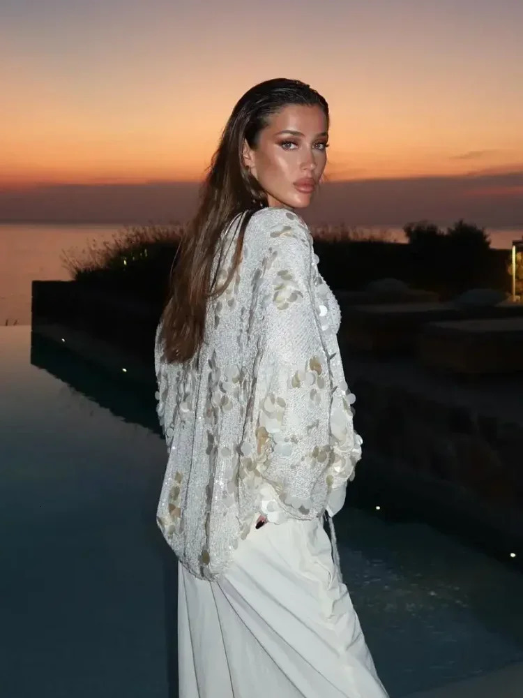 Women Sparkling Beaded Short Loose Jacket Chic Elegant V Neck Long Sleeve Lace Up Cardigan Autumn Female Fashion Streetwear 250614