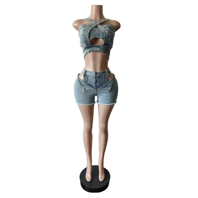 2 Piece Set Denim Shorts Suit Sexy Vest Top Strap Backless Jeans Short Pants Pockets Outfits 2025 Streetwear Ensemble 250612