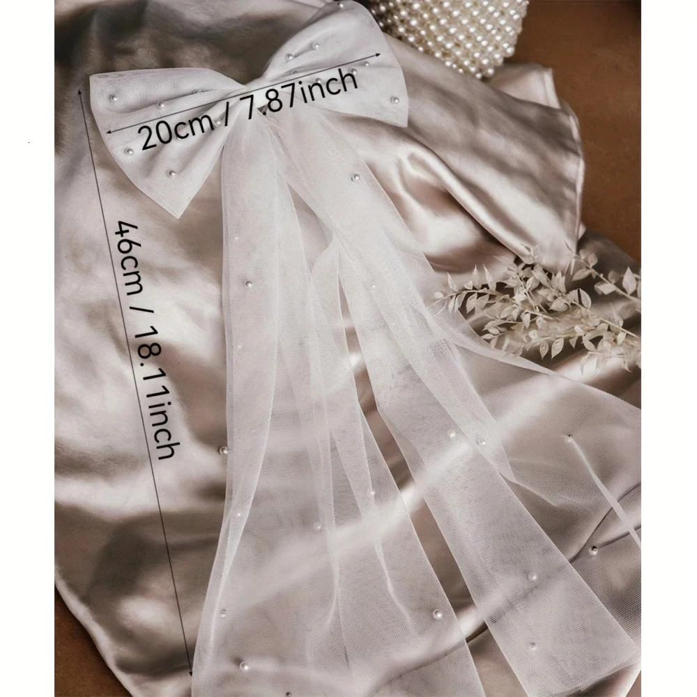 Elegant Bridal Bow Veil with Pearls White Tulle Clip-on Wedding Accessories 250610