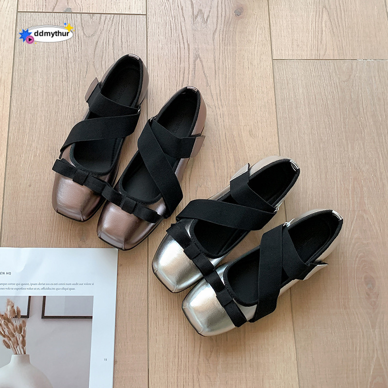 Genuine Leather Ballet for Women 2025 Spring Summer Cross Strap British Style Square Toe Bowknot Mary Jane Single Shoes ddmythur