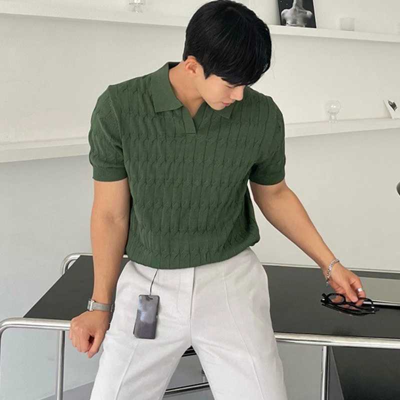 Summer Clothing Mens Luxury Knitted Jacquard Skinny Polo Shirt Korean Popular Breathable Leisure V Neck Short Sleeve Knitwear W250616