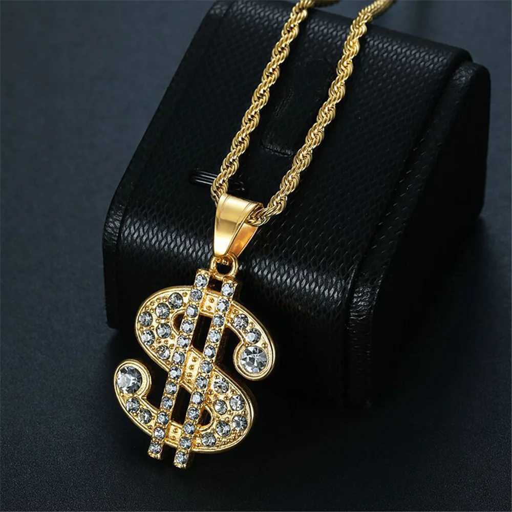 New Arrival Mens Hip Hop Rapper Gold Color Iced Out Bling Dollar Sign Pendant Stainless Steel Money Necklaces With Rope Chain Jewelry V250616