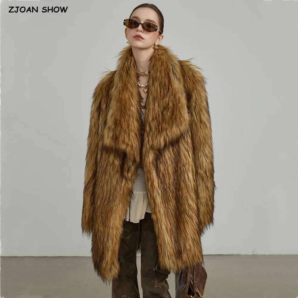 Winter Gradient Gold Brown Hairy Shaggy Raccoon Faux Fur Coat Women Lapel Furry Midi Long Loose Oversized Outerwear