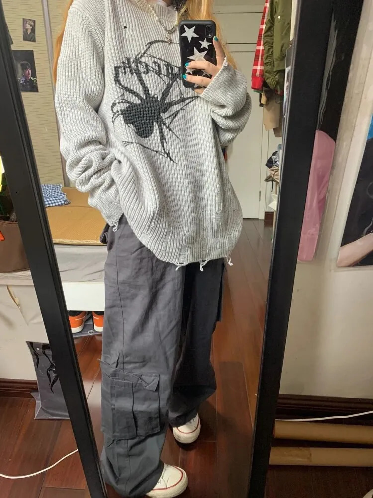 Milang girl Spider Print Harajuku Sweater Women Gothic Vintage Ripped Grunge Jumper Streetwear Korean Oversize Hiphop Pullover 250614