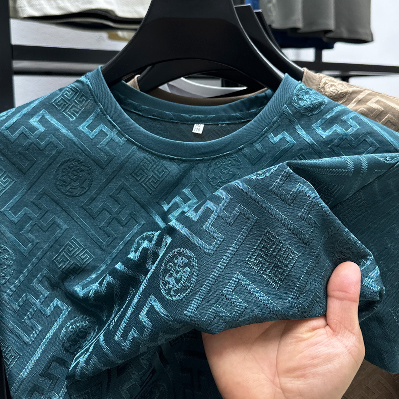 High End Luxury Ice Silk Men's T-Shirt O-Neck Exquisite Jacquard Short Sleeved Summer British Fashion Casual Elastic Men's Wear