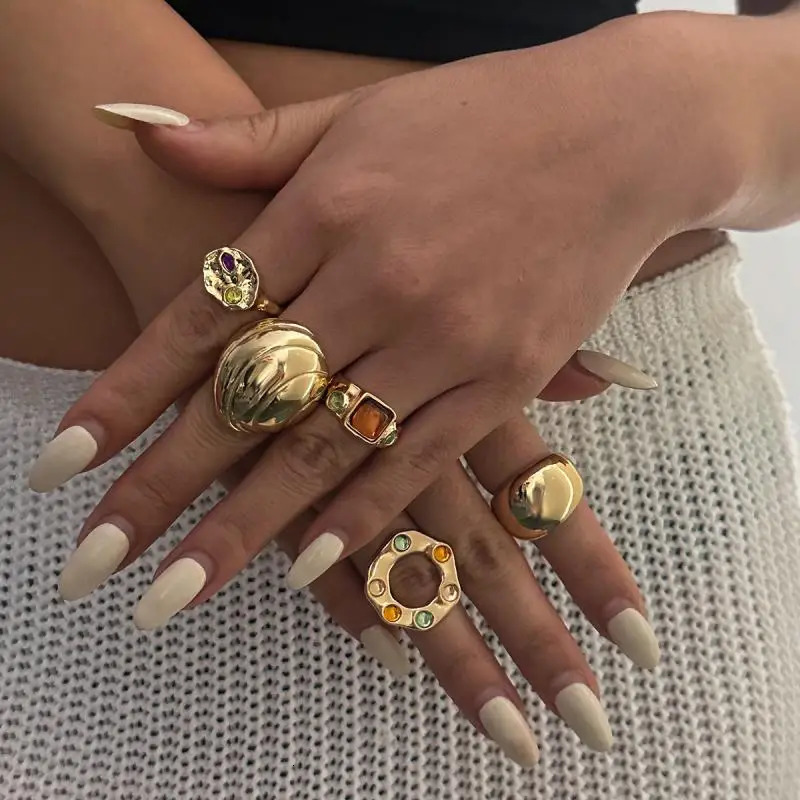 5Pcs/Set Vintage Irregular Metal Large Circular Rings for Women Men Colorful Rhinestone Opening Rings Punk Jewelry Accessories 250610