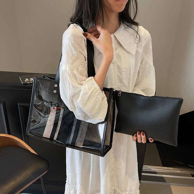 Summer Hot Transparent Shoulder Bag Set For Women 2-In-1 PVC Striped Large Capacity Shopping Totes Travelling Beach Handbag