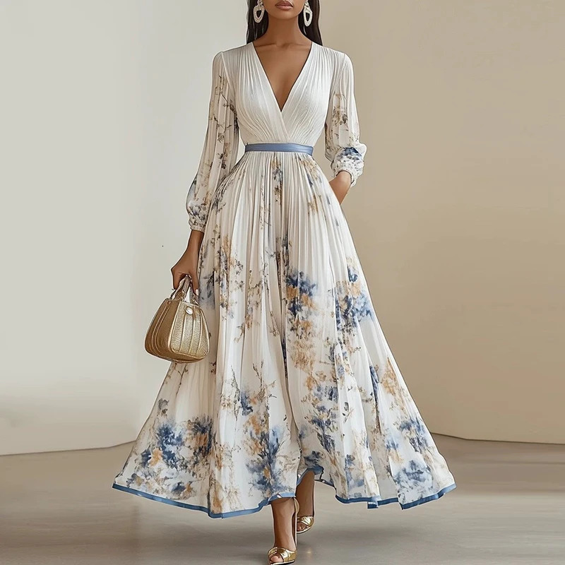 Spring Long Sleeve Boho Maxi Dress Woman Elegant Floral Print A-Line Pleated Dresses Sexy Deep V Neck High Waist Long Dress 250609