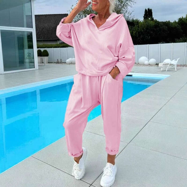 European American Autumn Women's Solid Color Hooded Sweatshirt Two-Piece Set 2025 New Elegant and Unique Fashion