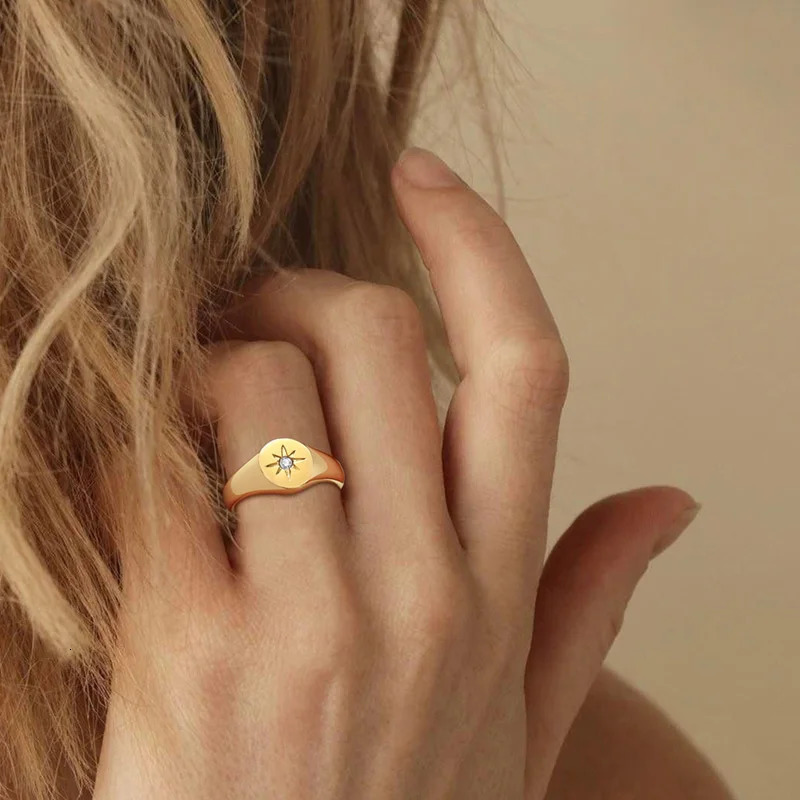 Women Fashion Star Signet Rings Gold Color Solid Metal Square Round Top Stamp CZ Stone Band Chic Boho Cool Jewelry 250610