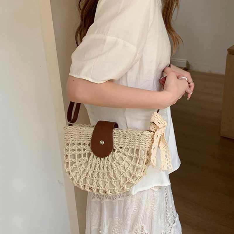 Ladies Crochet Shoulder Bag with Adjustable Strap Semicircle Straw Handbag Knitting Crossbody Bag Travel Vacation Commute Bag XJ2520616