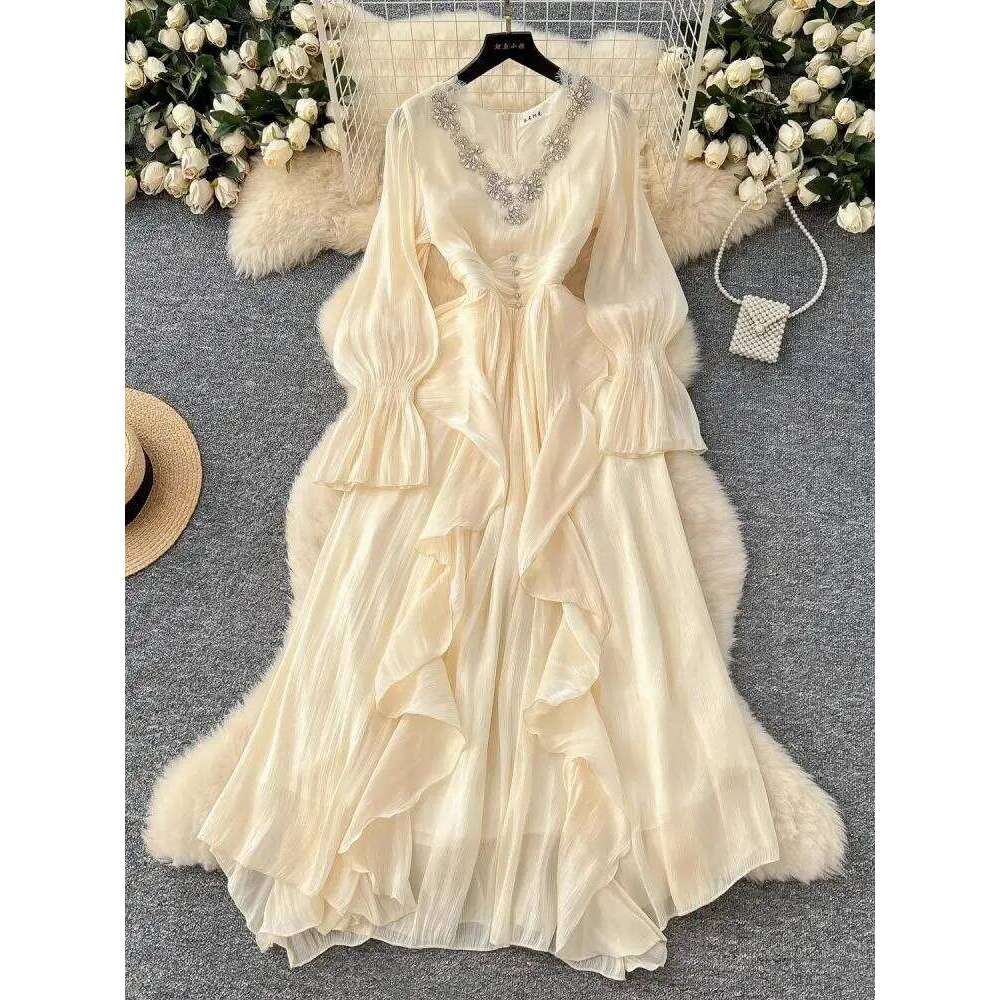 Elegant Dias Beading V Neck Evening Party Dress Women's Long Lantern Sleeve High Waist Gloss Ruffles Pleated Prom Vestidos