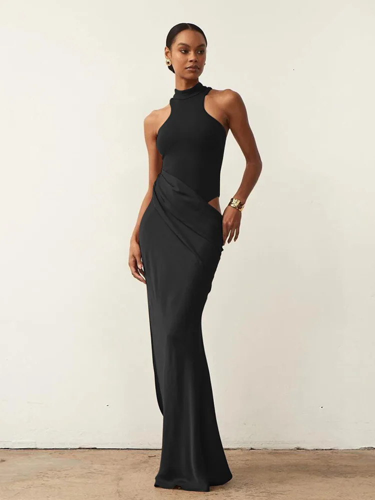 JULISSA MO Satin Sexy Hollow Out Women Maxi Dress Black Sleeveless High Waist Dress Female Autumn Skinny Elegant Party Clubwear 250614