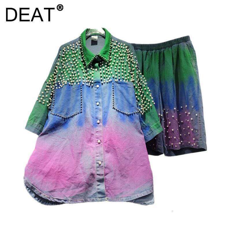 DEAT Women's 2 Piece Set Loose Pearls Gradient Tie-dye Coat Elastic Waist Denim Short Pants 2025 Summer New Fashion 29A1733
