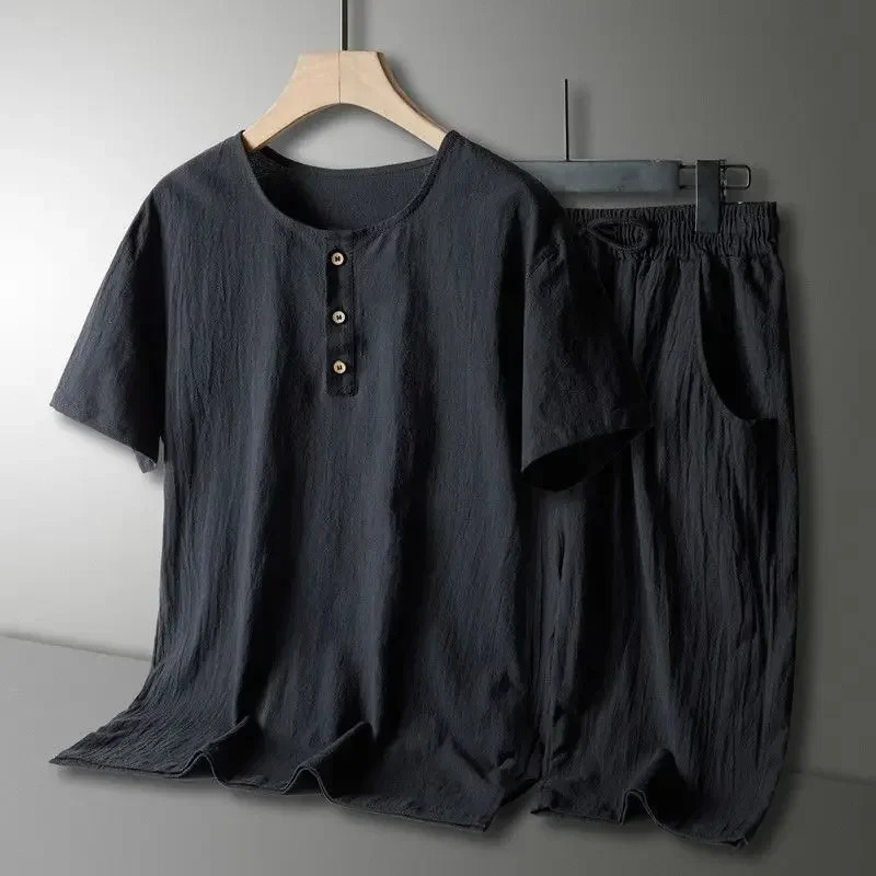 Two Pieces for Beach Mens Versatile Tshirt Cotton Linen Set Summer Loose Breathable Leisure Oversized Short Sleeved Shorts 250612