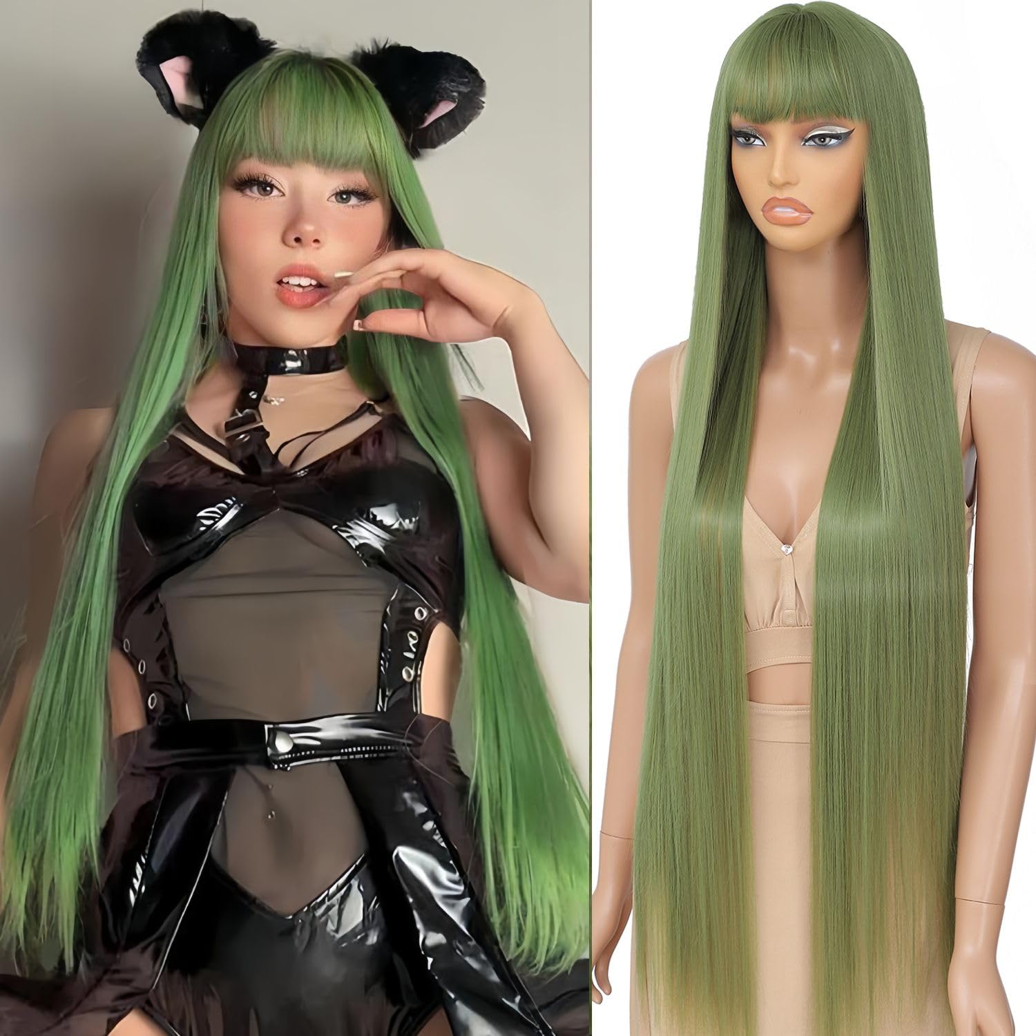 40 inch green blonde synthetic waterwave wig with bangs glue free extra long straight wigs human hair 360, perfect for ladies green party