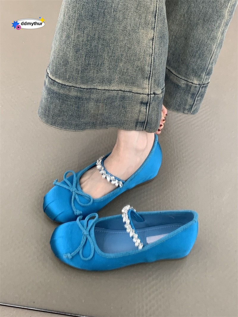 Petite Height Increasing Mary Jane Shoes 2025 New French Style Gentle Fairy Satin Rhinestone Ballet Flats ddmythur
