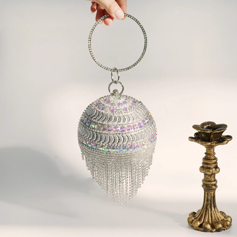 Chic Rhinestone Round Shape Tote Clutch Bag Diamond Tassel Evening Party Luxury Shining Ladies Handbags 250614