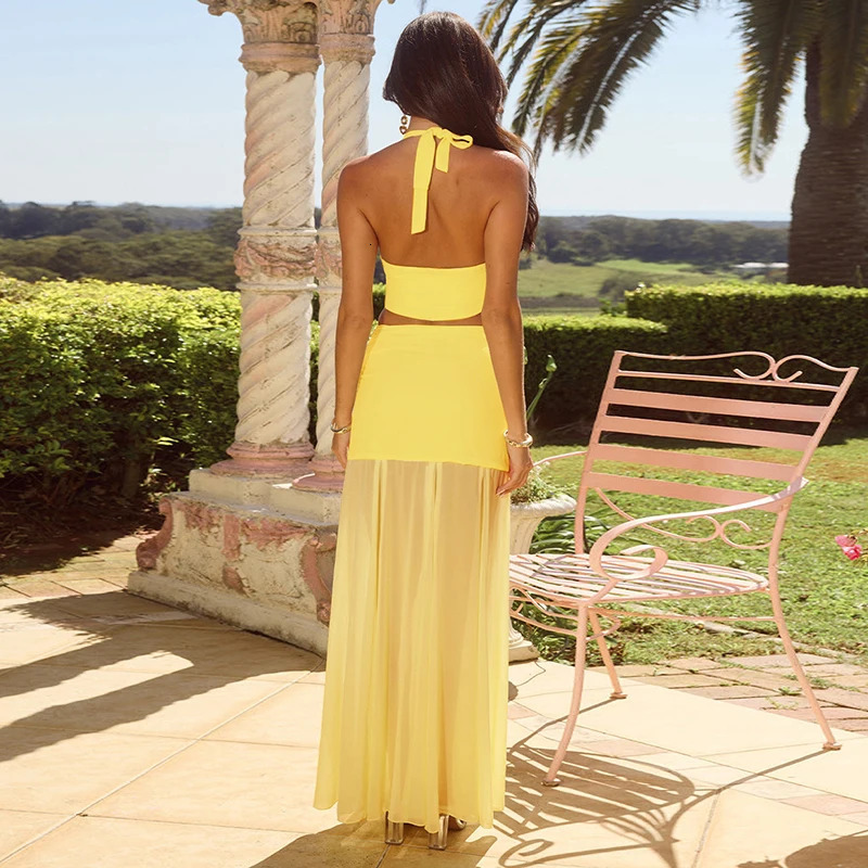 CUTENOVA WomenS Solid Color Hanging Neck LaceUp Metal Decoration Hollow Out Tank Top Patchwork Chiffon Skirt Set Summer 250609