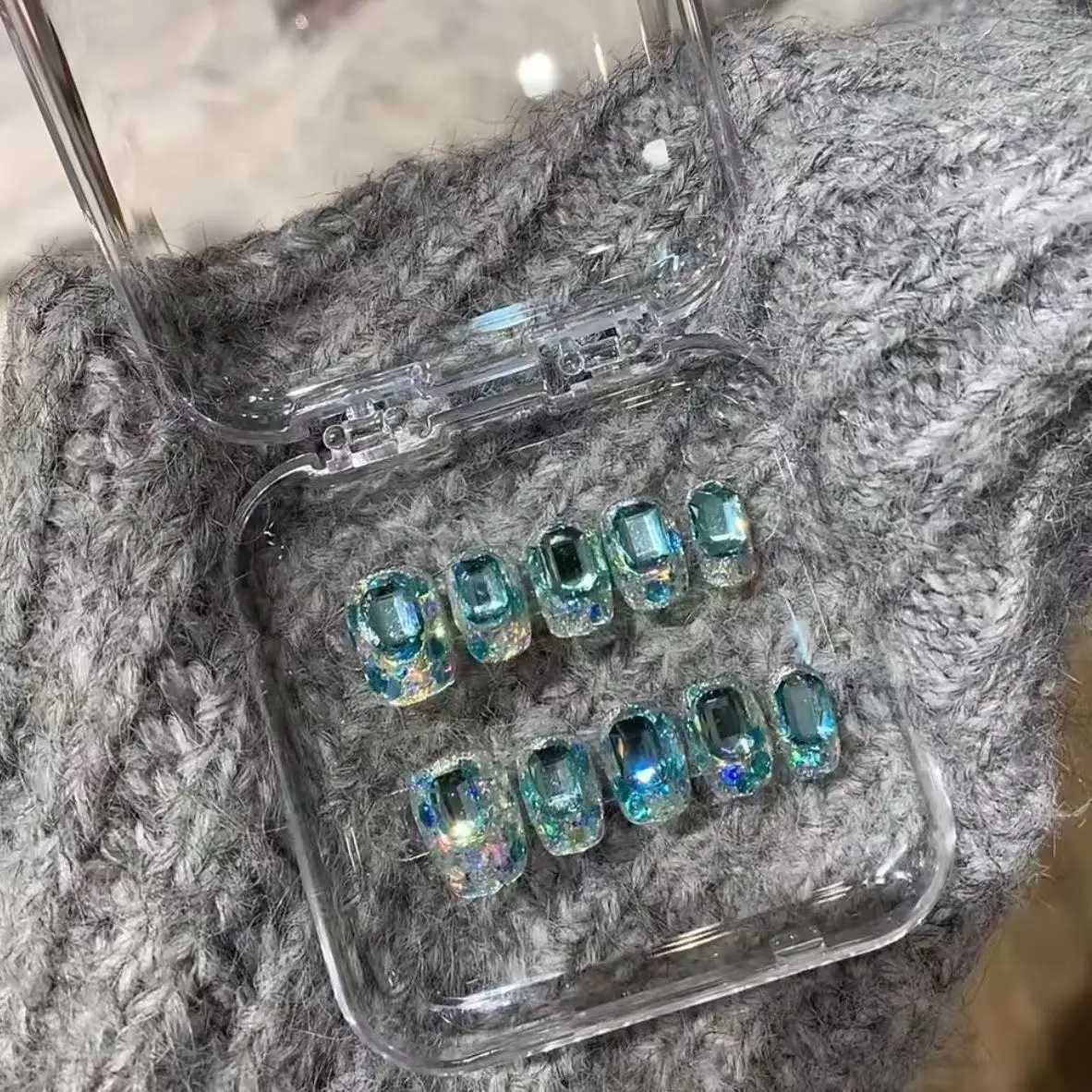 10pcs Handmade Press on Nails Sea Salt Ice Cube Sugar Full Diamond Blue Fake Nail for Women Girl Summer Removable Wearable Nail R250616